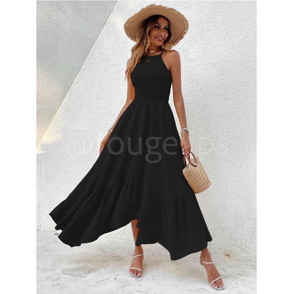 Rouge! Dresses & Skirts - Shirred Cami Black Flared Maxi Long Dress Asymmetrical Hem